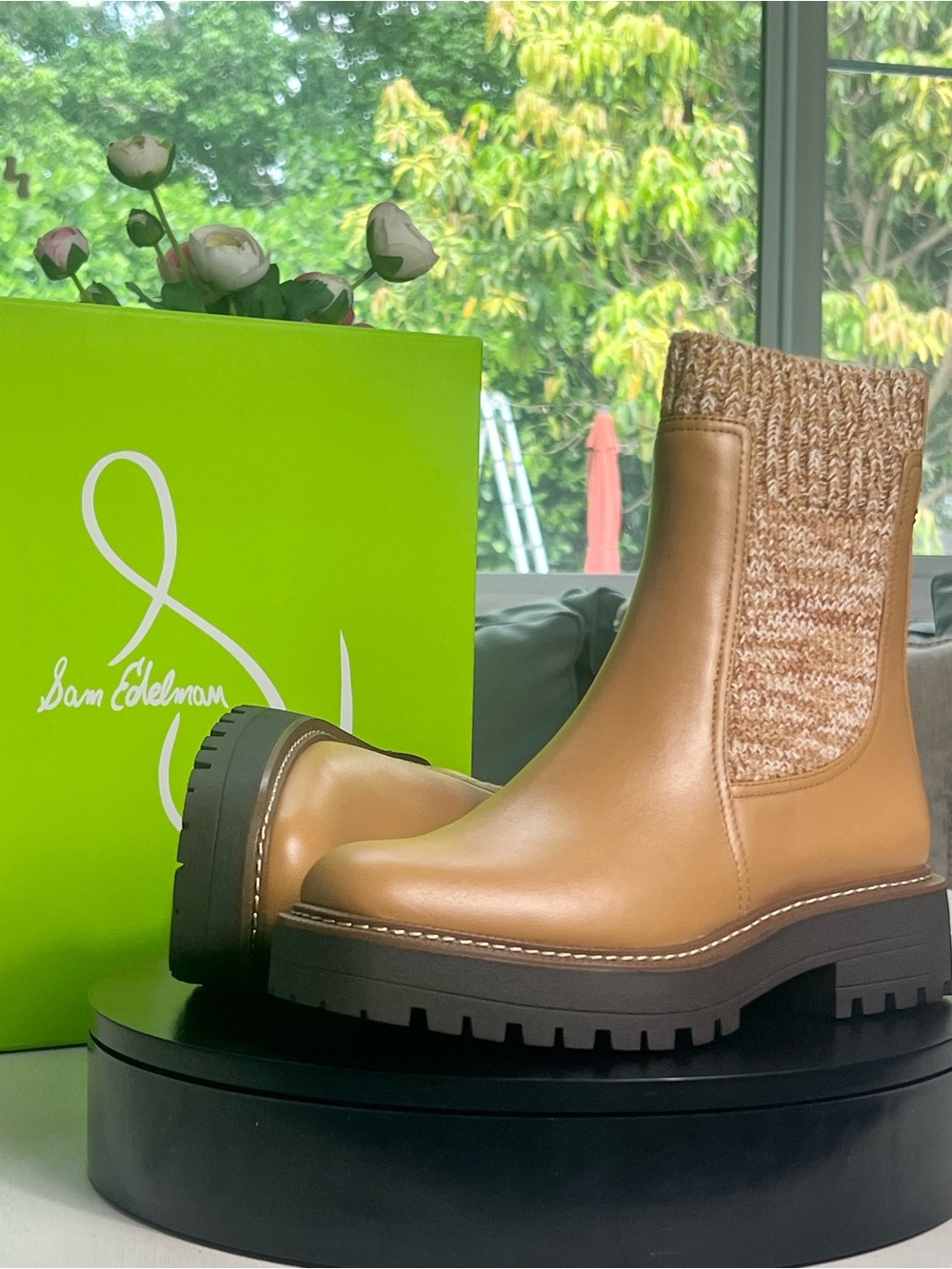 Sam Edelman Tan Leather & Knit Chelsea Bootie